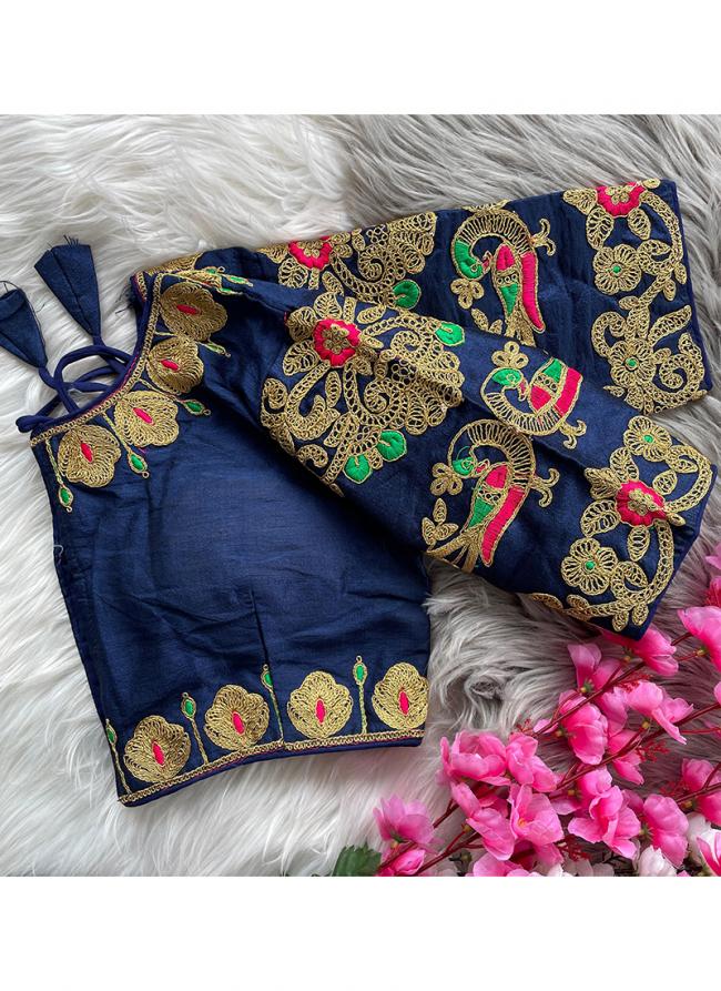 Phantom Silk Navy Blue Wedding Wear Thread Work Readymade Blouse